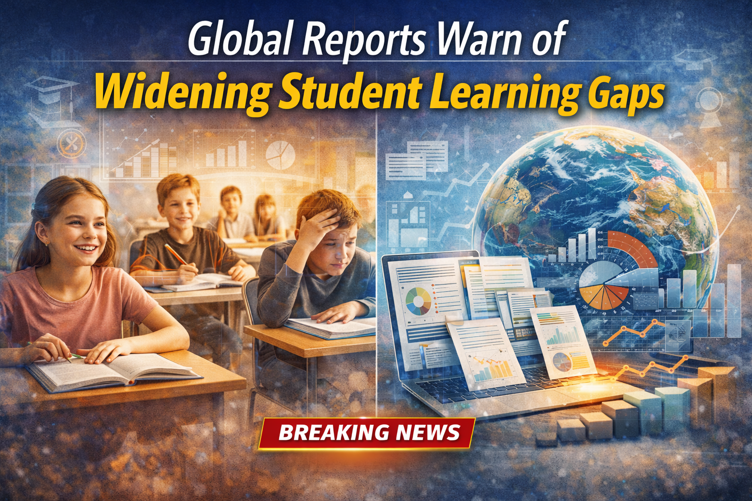 A digital news graphic highlighting the headline “Global Reports Warn of Widening Student Learning Gaps” in bold yellow text at the top, with a red “BREAKING NEWS” banner. The left side shows a classroom with students at desks, some looking confident, others struggling, symbolizing learning disparities. The right side shows a globe with data charts and graphs, emphasizing global reports and analysis. Background is light blue with subtle icons representing education, books, graphs, and growth gaps.